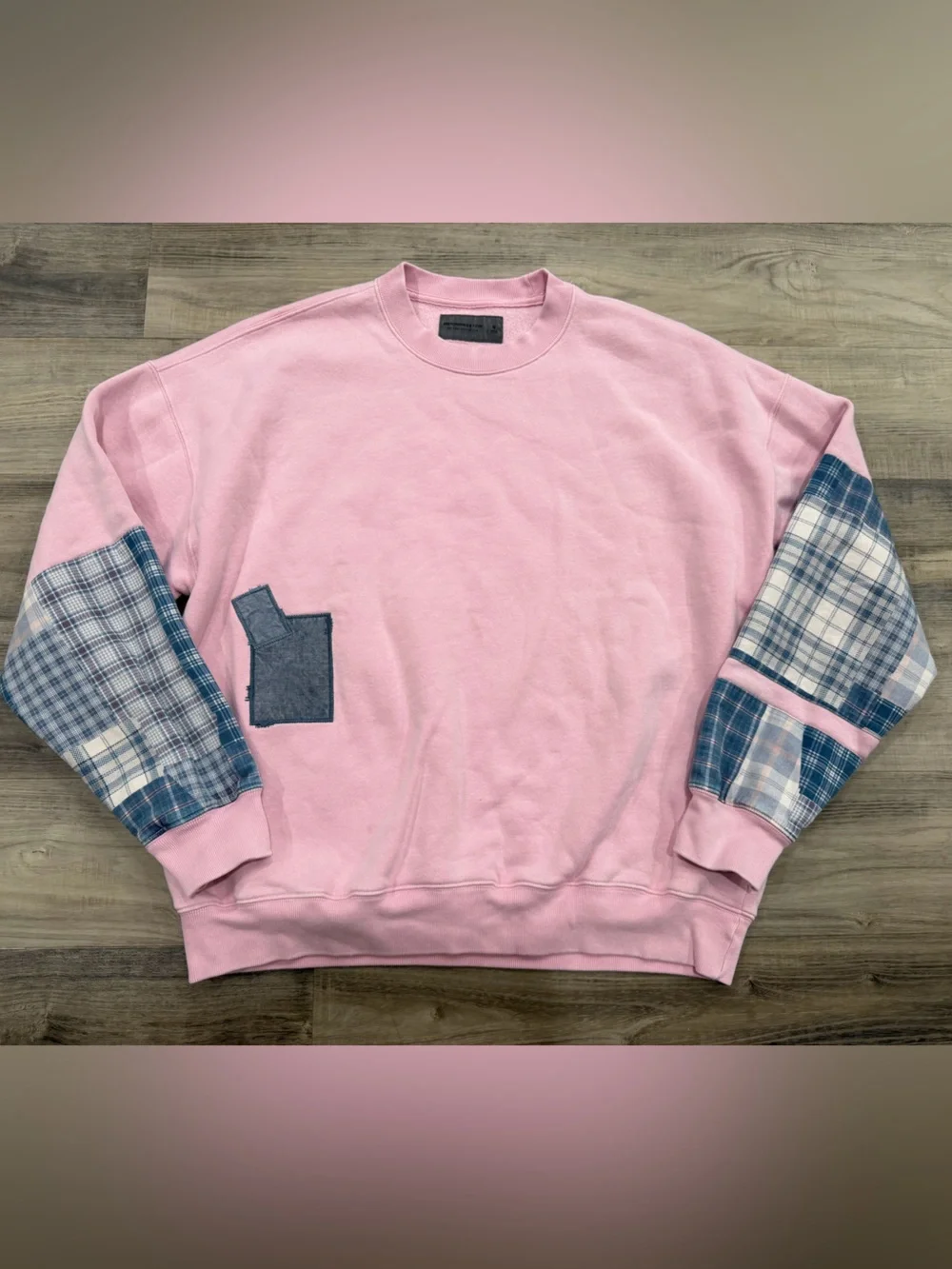 Abercrombie & Fitch Pink Soft Essential Crew Plaid Patchwork Sweatshirt